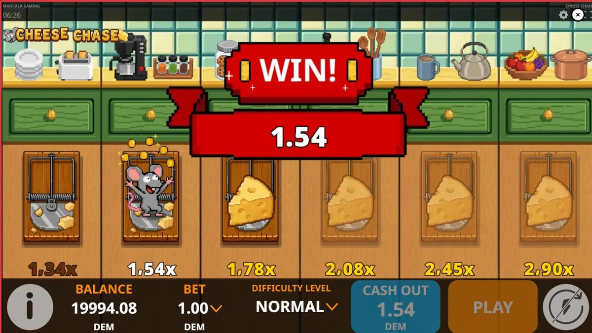 Interface do jogo Cheese Chase com tema de cozinha retrô