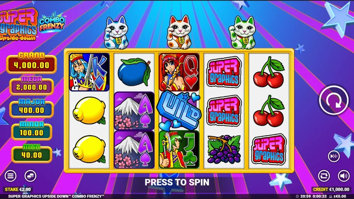 Interface colorida do slot Super Graphics Upside Down com Lucky Cats